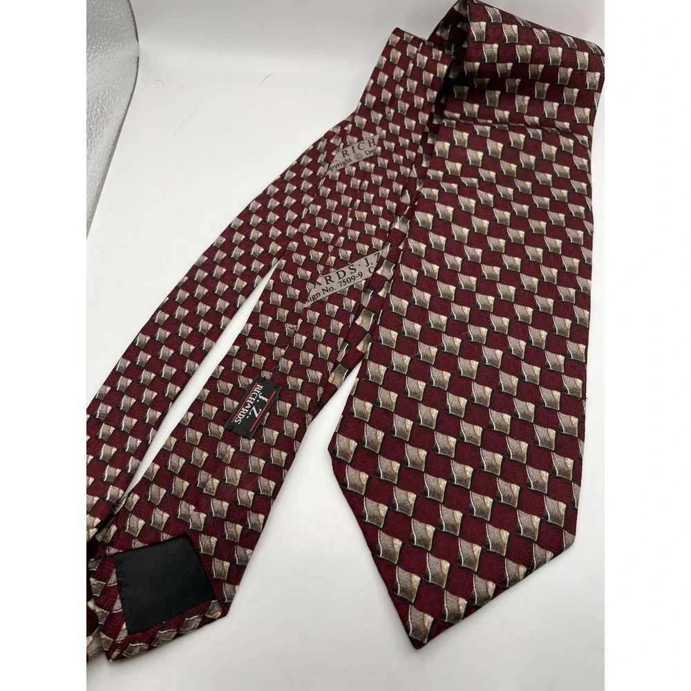 JZ Richards Mens Silk Tie Burgundy Gold Geometric Hand Made USA 7509-9